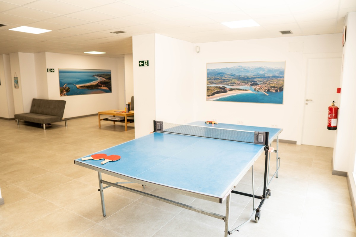 Table tennis set-up in the hostel common area